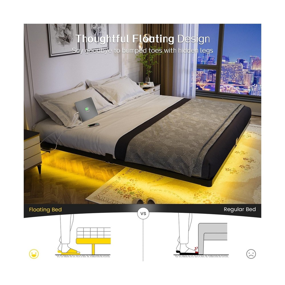 OLEVS King Size Floating Bed Frame, Metal Platform, with LED Light and Chargi...