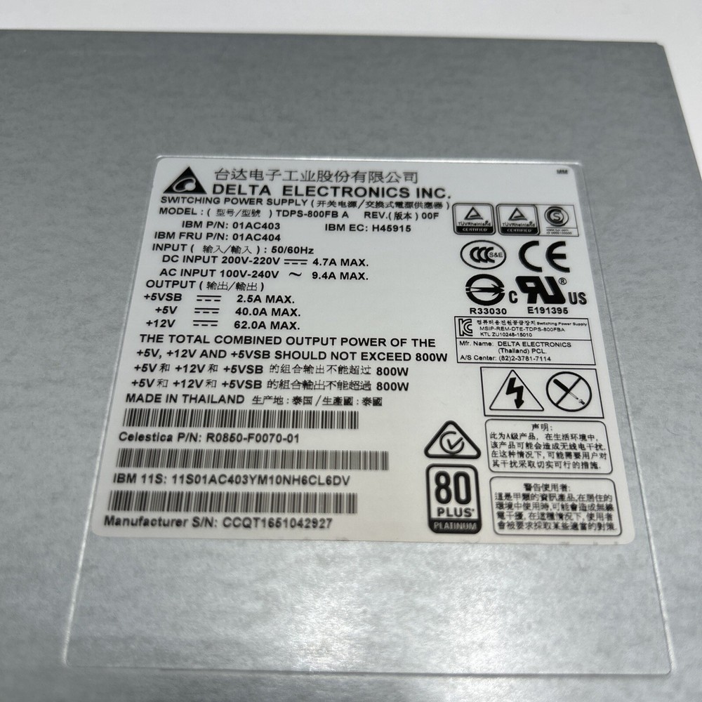 IBM Power Supply 01AC404 01AC403 800W Storwize Delta TDPS-800FB Rev 00F
