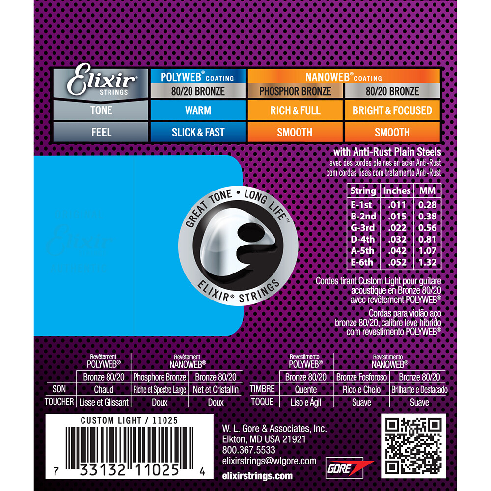 Elixir Polyweb 80/20 Bronze Custom Light Acoustic Guitar Strings 11025 (1 Set)