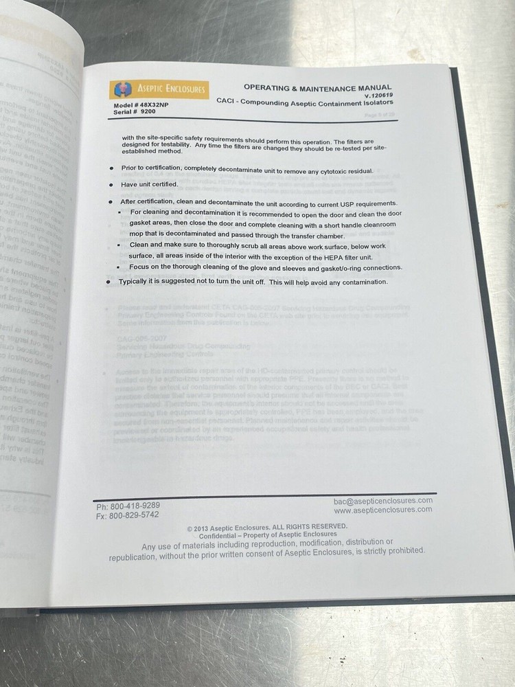 Aseptic Enclosures - Users Manual / Instructions Book