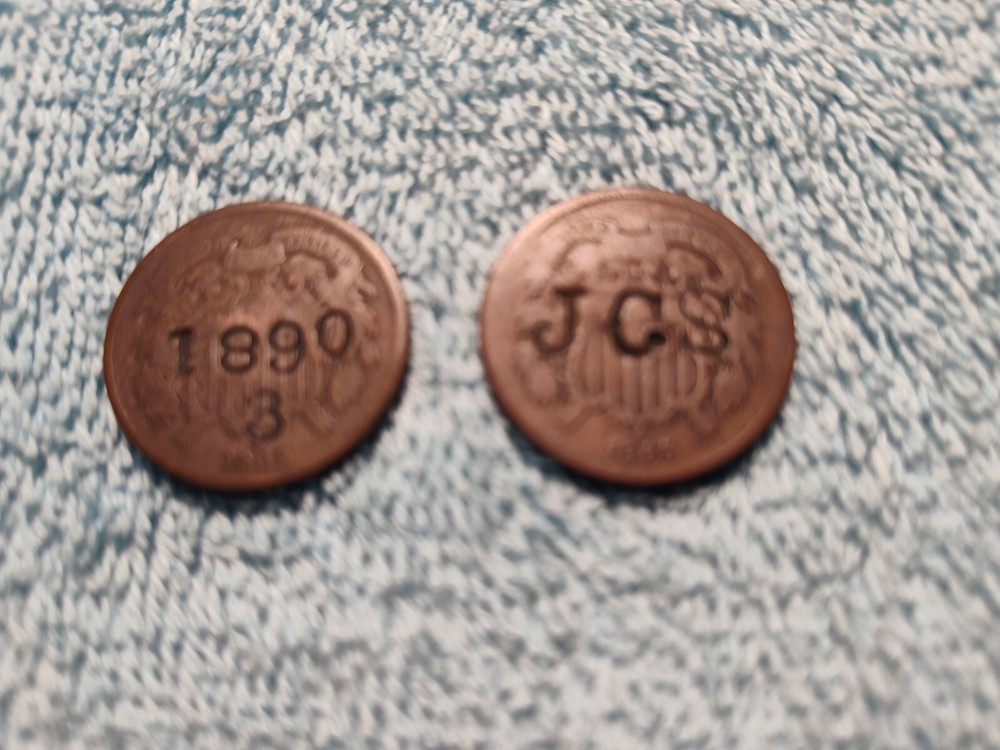 Two 2cent U S Coins Dated 1865-Altered. See Photos
