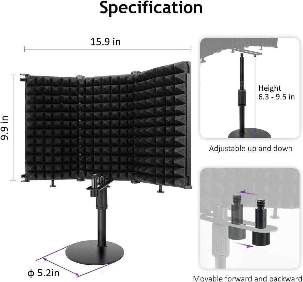 Microphone Isolation Shield with Mic Stand and Pop Filter, Foldable Sound Shield