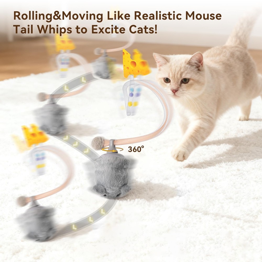Interactive MigiMouse Cat Toy 360° Rolling & Spin with Wiggling Tail for Indo...