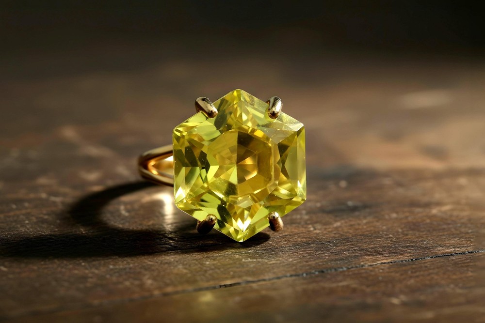 Lemon Quartz Ring Anemone Handmade Hexagon Cut 14k Gold Statement