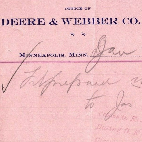 Scarce 1907 John Deere / Deere & Webber Debit Memo #12620