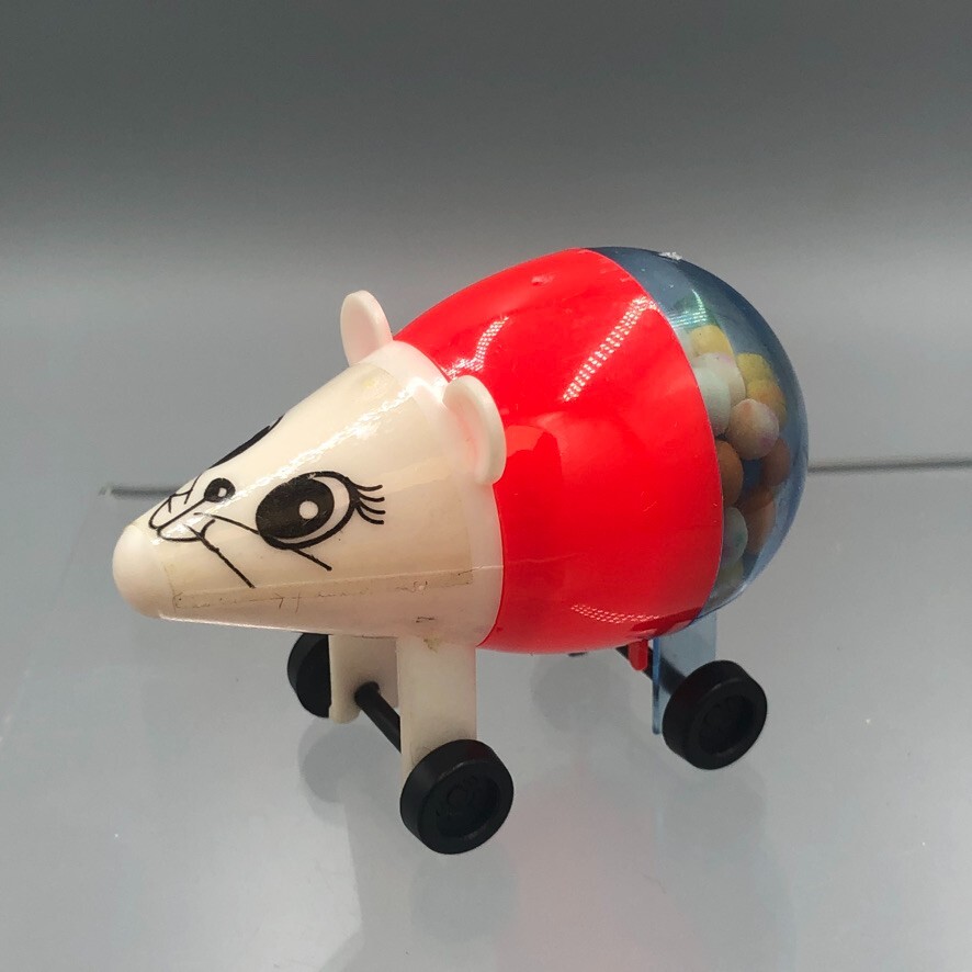 Vintage TOY MOUSE On Wheels Rolling CANDY CONTAINER Plastic Animal