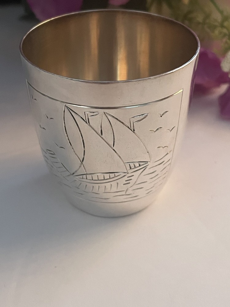 French Silver Shot Cup, Silver Sailboat