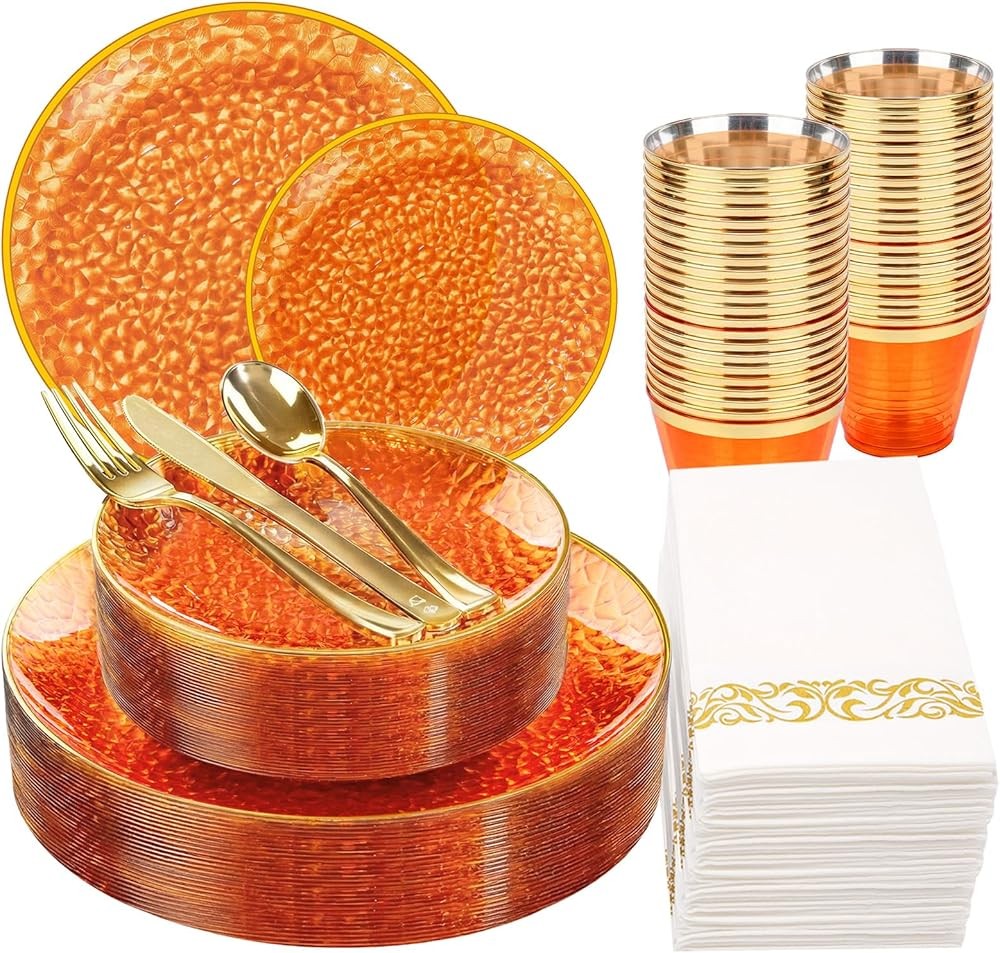 Rubtlp Plastic Dinnerware Set, Oran And Gold Plastic Plates, Hmered