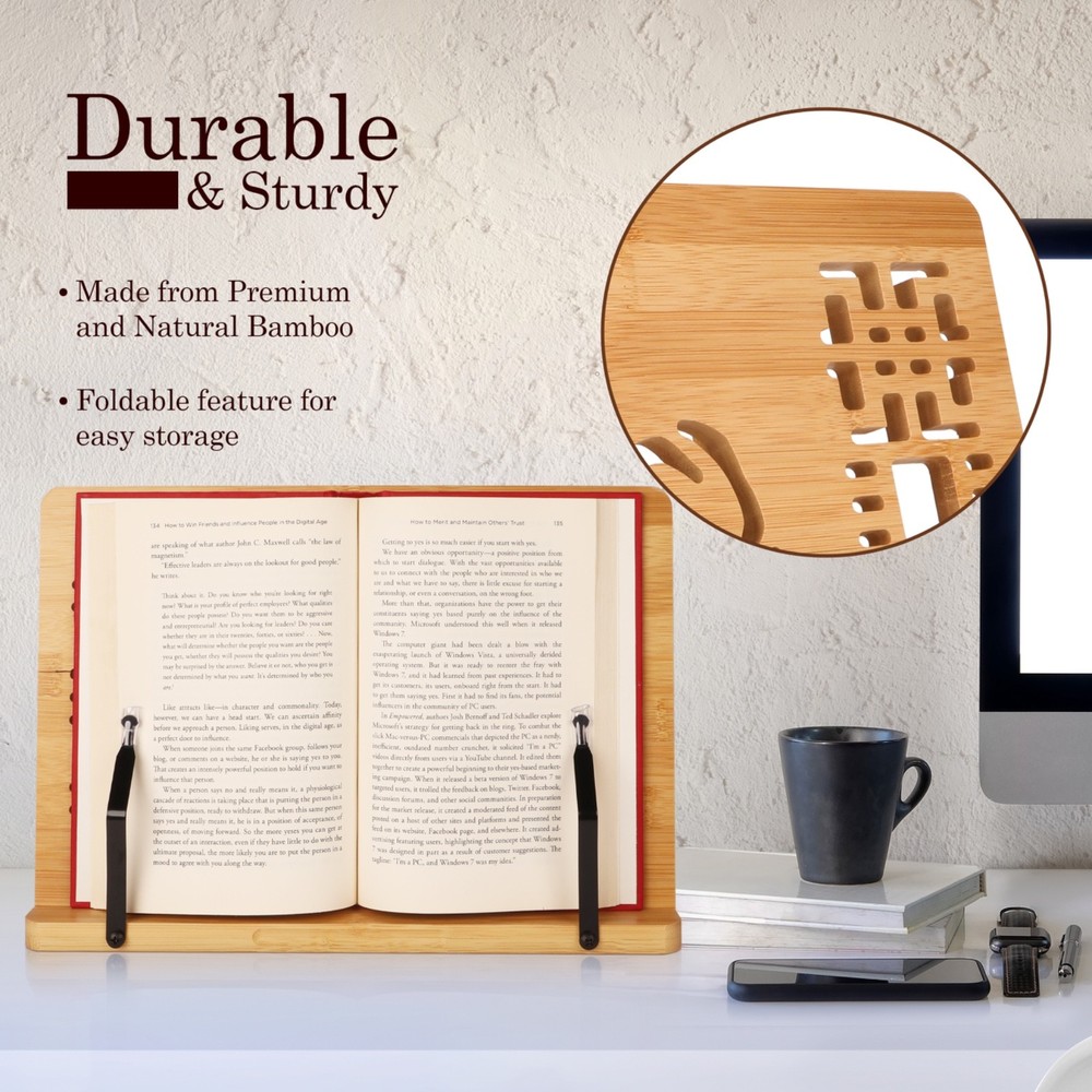 Adjustable Bamboo Book Stand Cookbook Holder Reading Rest Foldable Tablet Stand