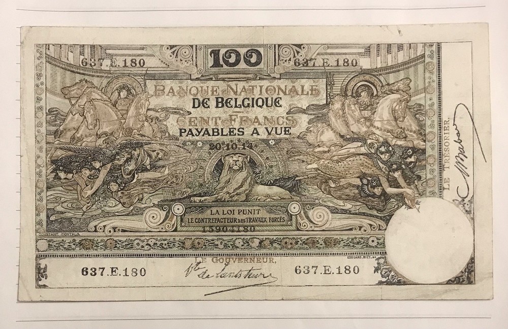 Belgium 100 Francs 1914 P-71(2) VF
