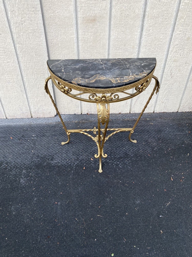 65634 Marble Top Decorator Iron Demilune Console Table Stand