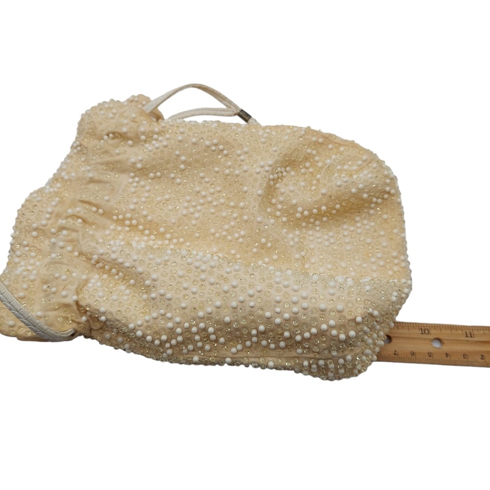 Beaded Purse With Pull String Closure Cream Colored Reversible