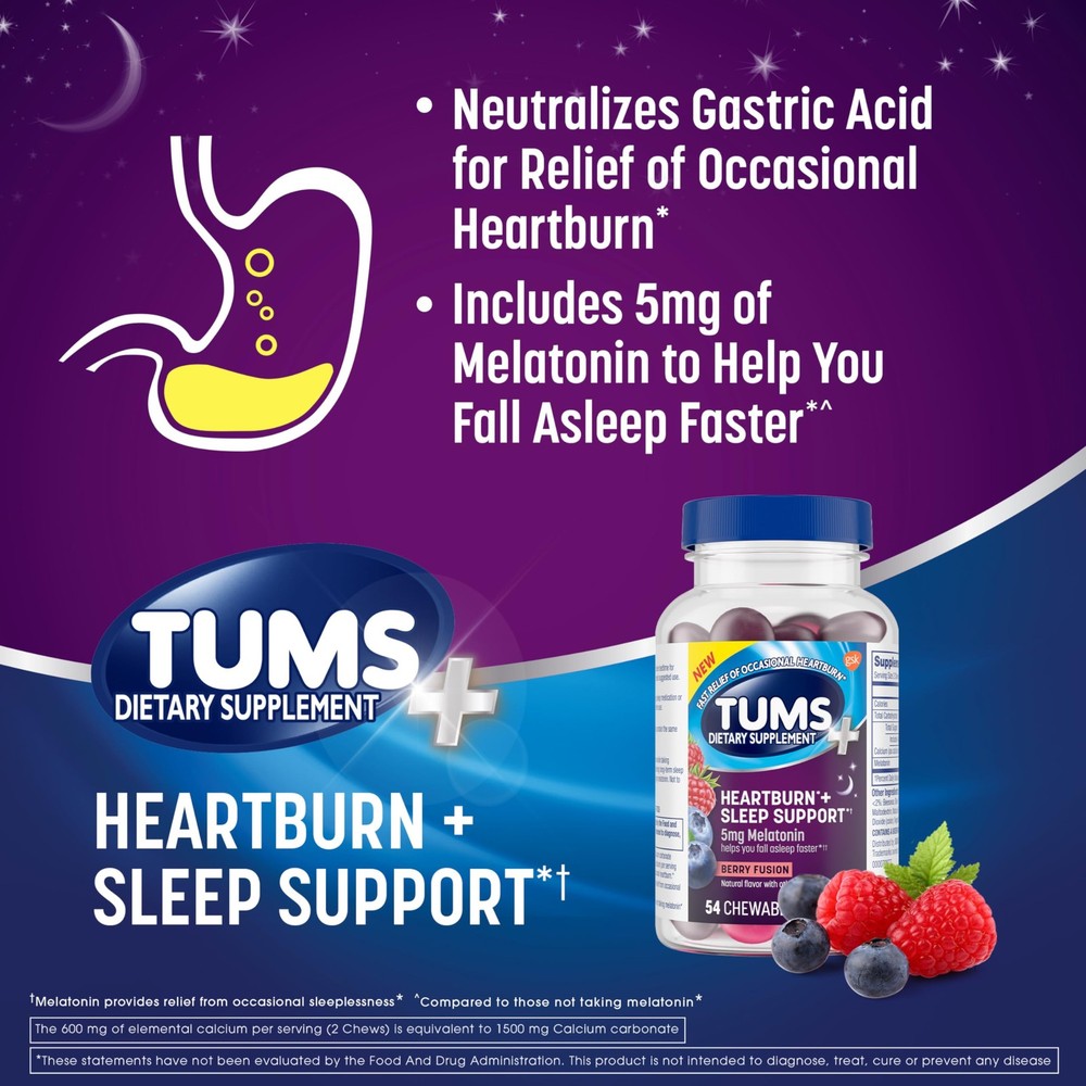 TUMS Heartburn Plus Sleep Support Chewable Dietary Assorted Flavour