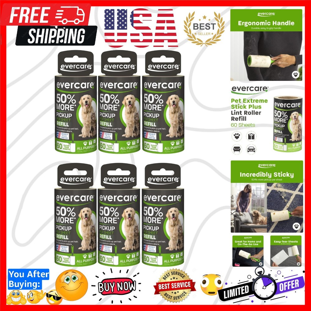 Extra Sticky Pet Lint Roller Refill 60 Sheets, 6-Pack