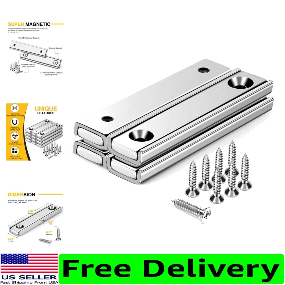4-Pack Neodymium Rectangular Magnets 80LBS Pull Force with Countersunk Holes
