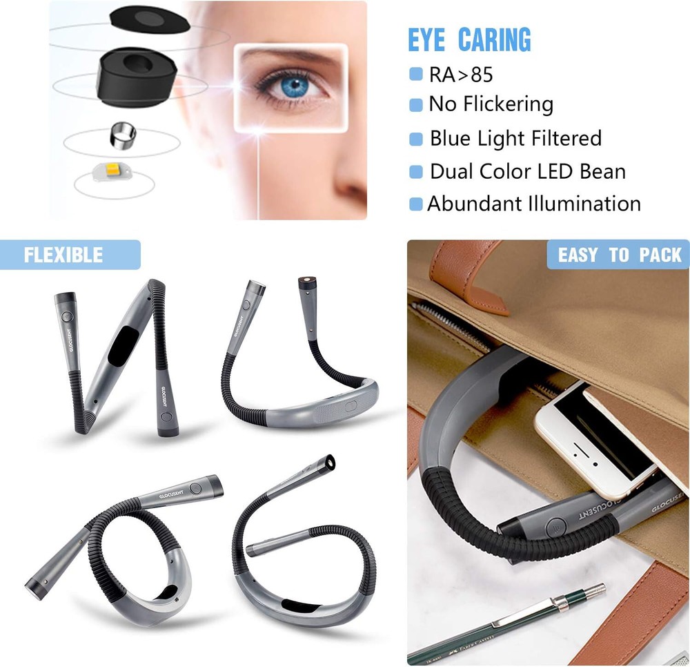 Glocusent Book Light, 3-Color & 6-Brightness Reading Light, Bendable Neck Light,