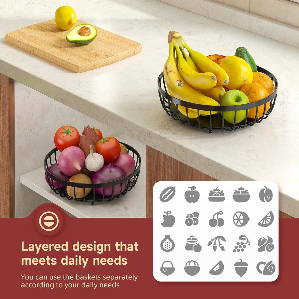 2 Tier Large Fruit Basket for Kitchen Counter with 2 Banana Hangers, Metal Stack