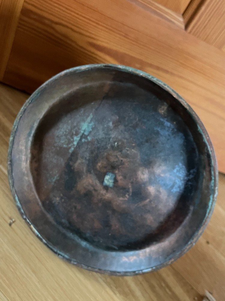 Antique Large Solid Copper Metal Primitive Pitcher w Numbers indicating size –