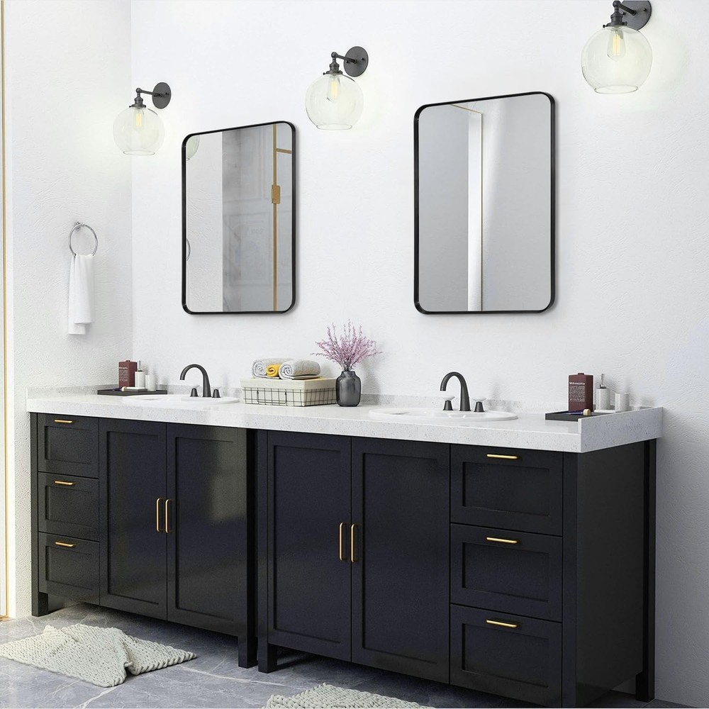 Wall Mount Mirror Bathroom Brush Black Metal Framed Rounded Corner Rectangular