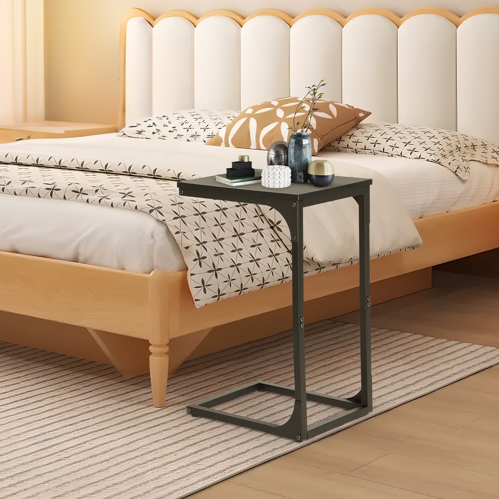 C Shaped End Table with Adjustable Feet, Small Side Table for Couch, Sofa Table