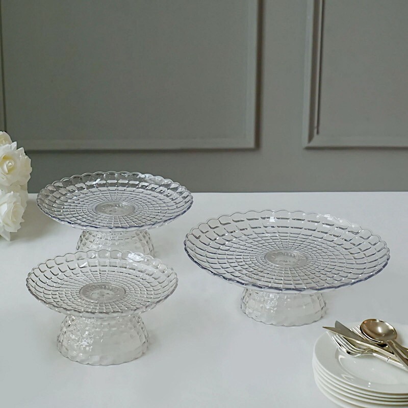3 Clear Plastic CUPCAKE STANDS Pressed Design Stackable Dessert Pedestals Party