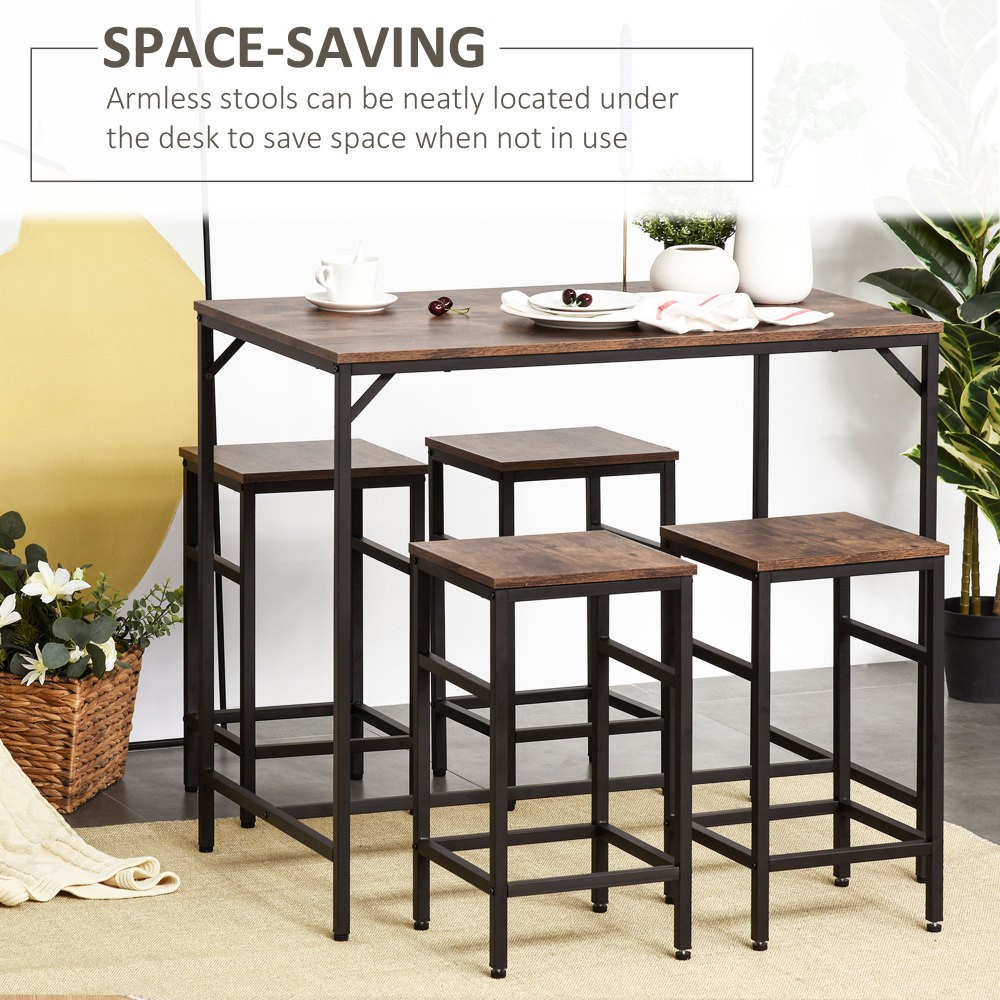 5 Piece Industrial Dining Table Set Bar Table 4 Stools Set Space Saving