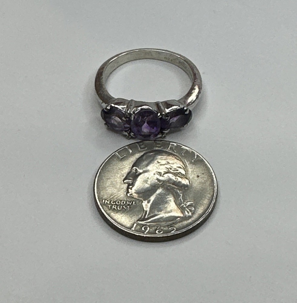 Elegant 925 Sterling Silver Amethyst Three Stone Ring / Size 9