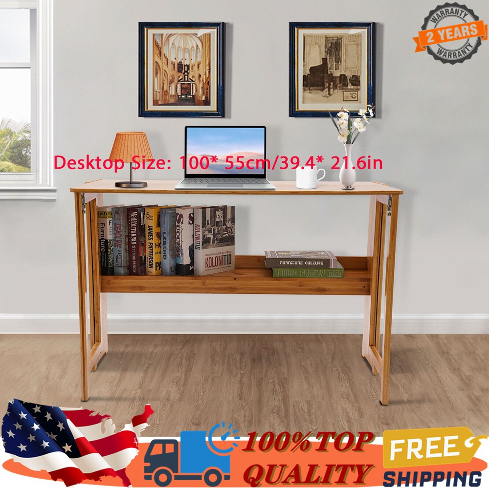 Folding Computer Desk, Modern Writing Table &Storage Shelf Home Office Work Desk