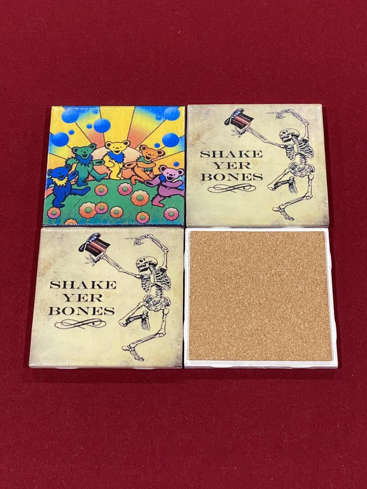 Set of 4 Grateful Dead Ceramic Table Waterproof Cork Back Coasters.