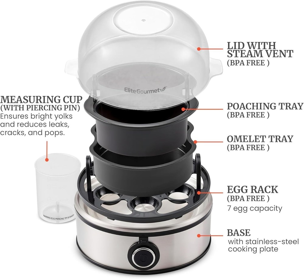 Versatile Egg Cooker - 7-Egg Capacity for Soft, Medium, Hard Boiled & Omelets