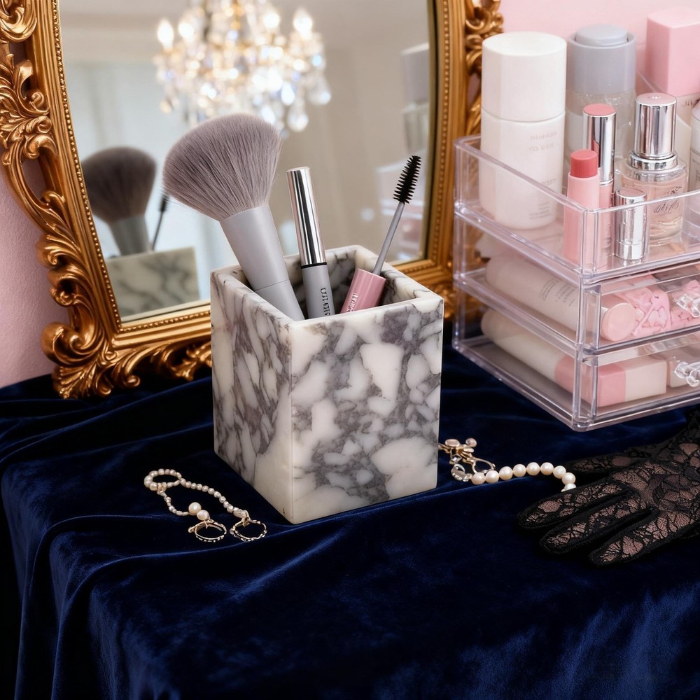 Marble Pen Holder, White Stone Rectangular Desktop Organizer, Office Study Ma...