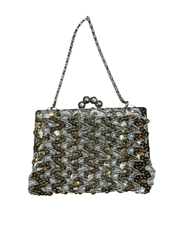 Vintage 50's Silver Sequin Square Micro Purse Chain Strap Kiss-lock Closure