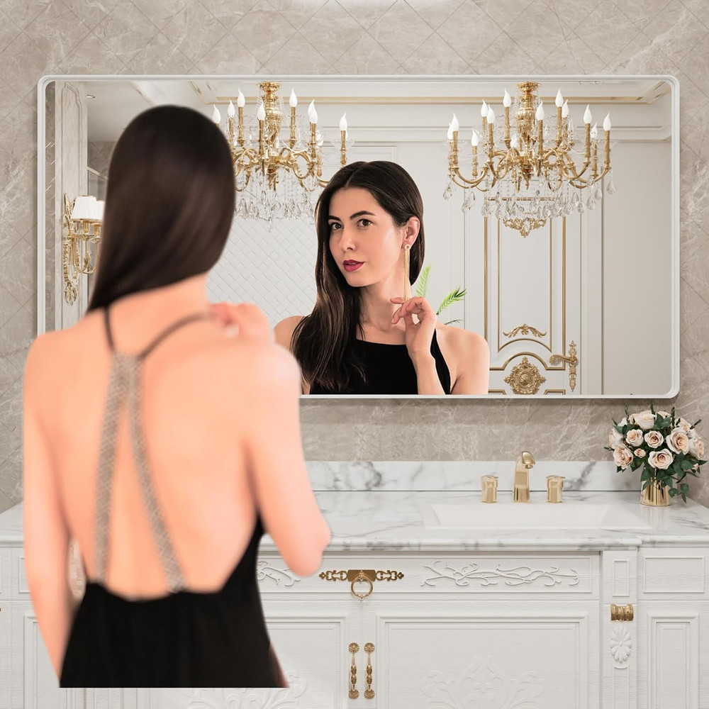 Large White Metal Framed Bathroom Mirror, Rounded Rectangle, Anti-Rust, Versatil