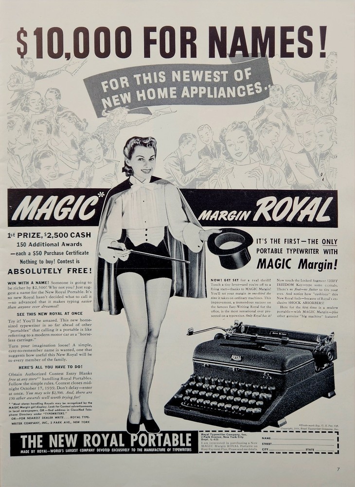 1939 Royal Portable Typewrite Print Ad Wall Art Decor Ephemera Magic Margin