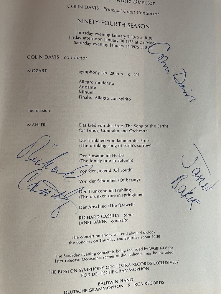 Boston Symphony Orchestra Autographed Program by Colin Davis, Baker & Cassilly