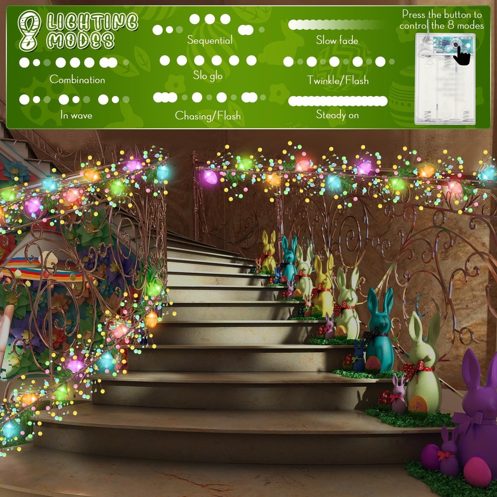 Lighted Easter Garland with 8 Lighting Modes, 15 LED Colorful Glitter Easter Egg