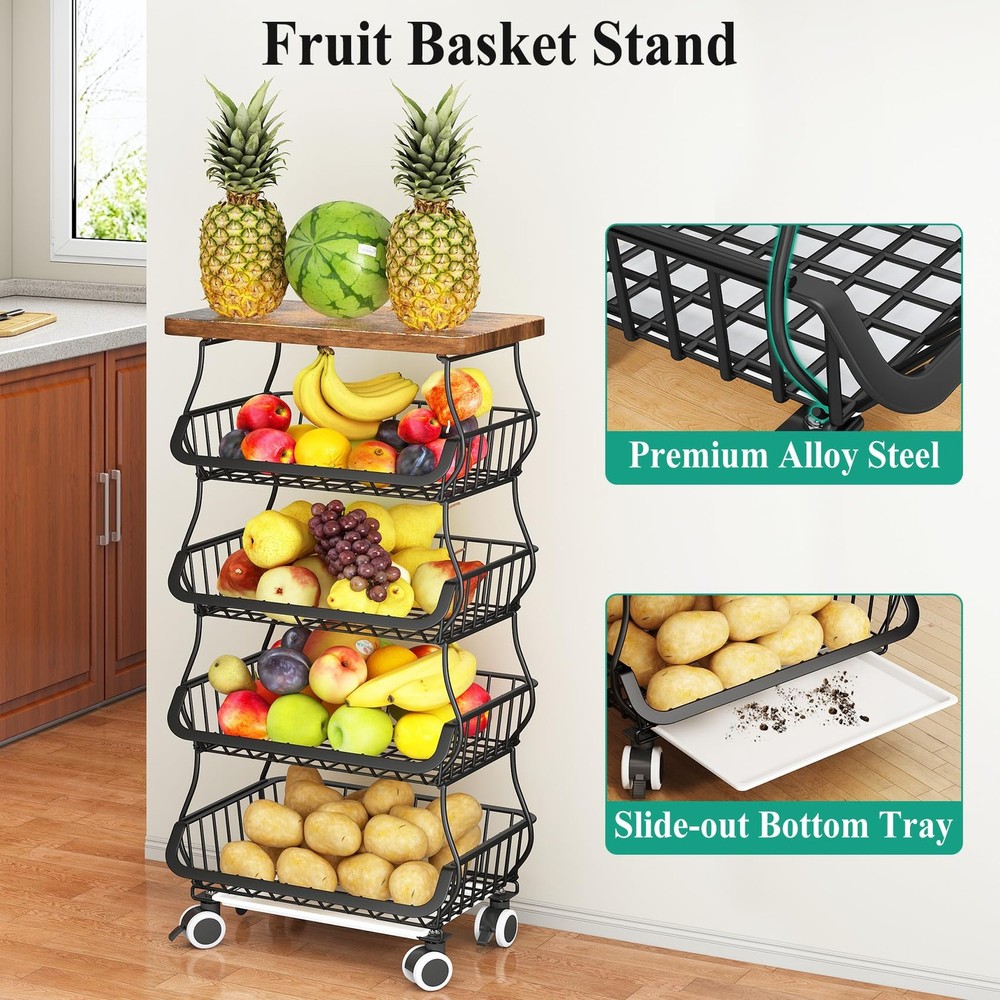 Fruit Basket Kitchen Pantry Organizers and Storage - Wooden Top Table, Stacka...