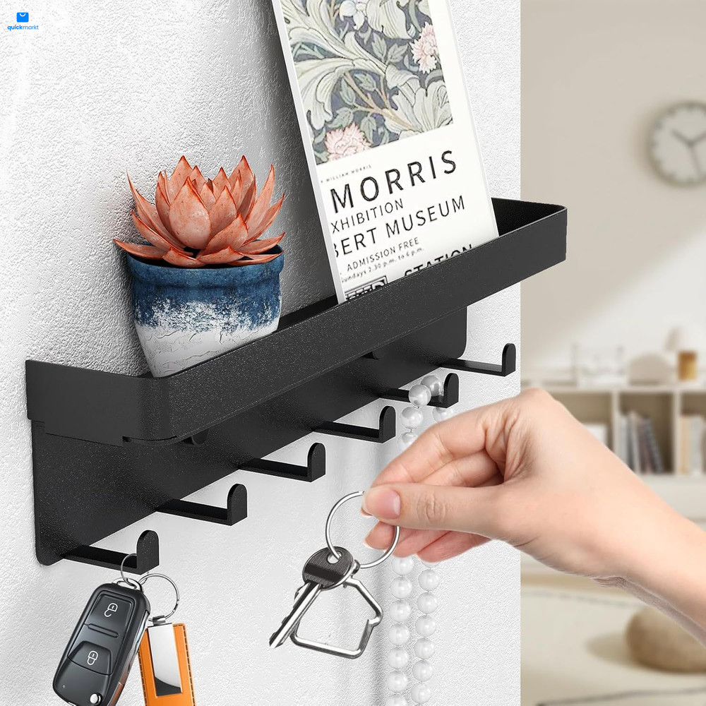 Key Holder for Wall Rustic and Mail Organizer 6 Hooks with Black