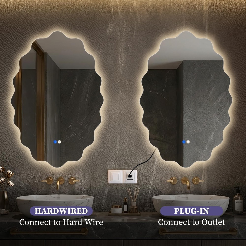 Oval Irregular Wave LED Bathroom Wall Mirror, Dimmable Backlit Mirror with 3 ...