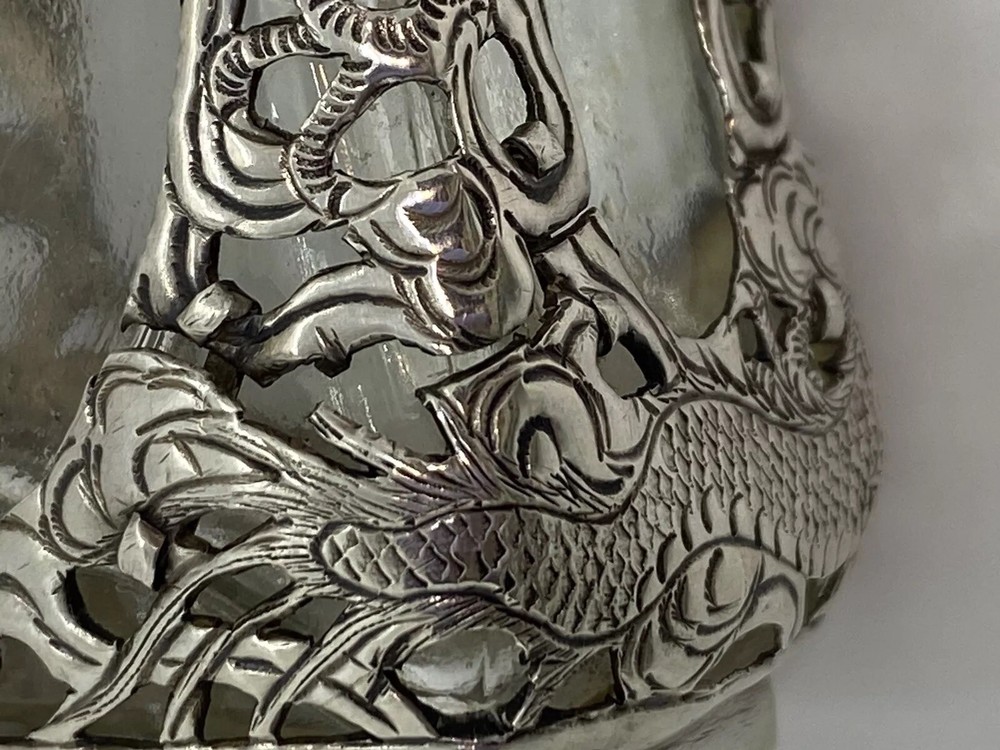 Antique Asian Signed Silver Overlay Dragon Pattern Bitters Bottle 5” 143g