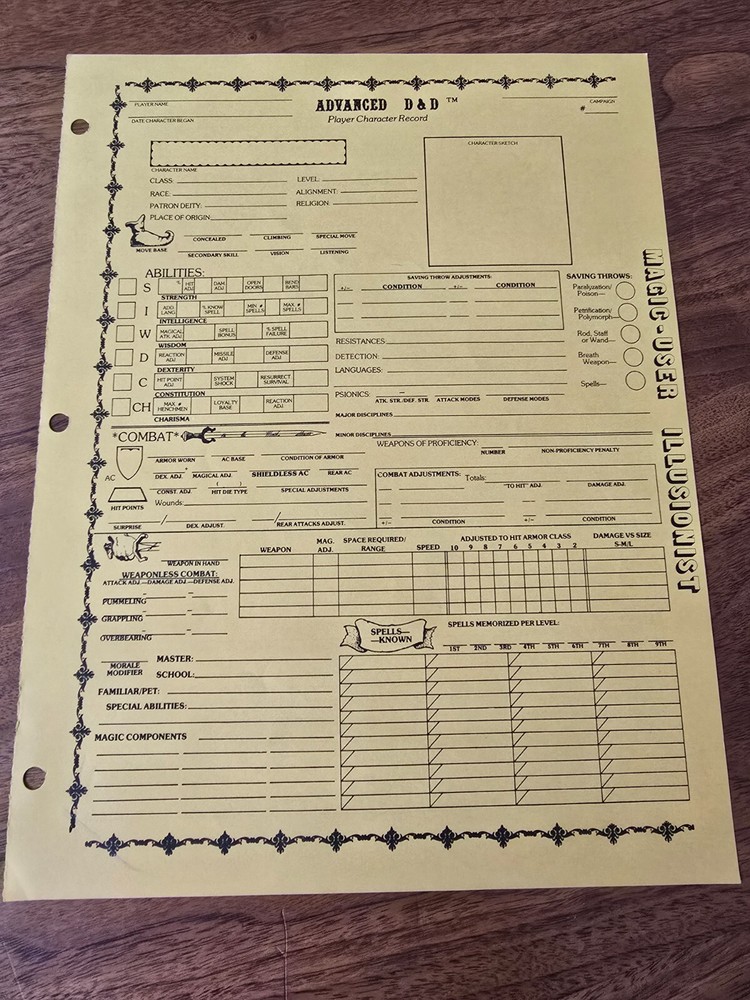 AD&D REF2 Player Character Record Sheet Singles Magic-User/Illusionist TSR