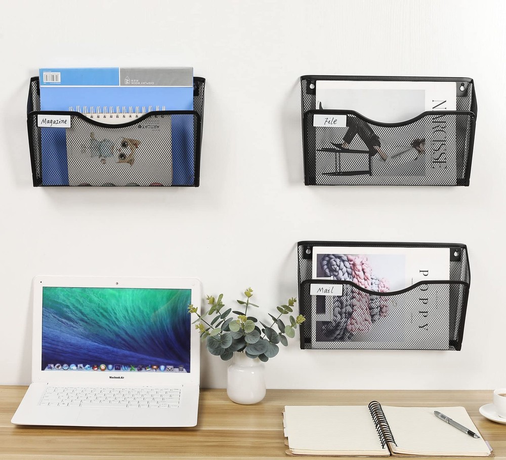 3 Pack Wall File Organizer with Label Panel, Mesh Hanging File Folder Organiz...