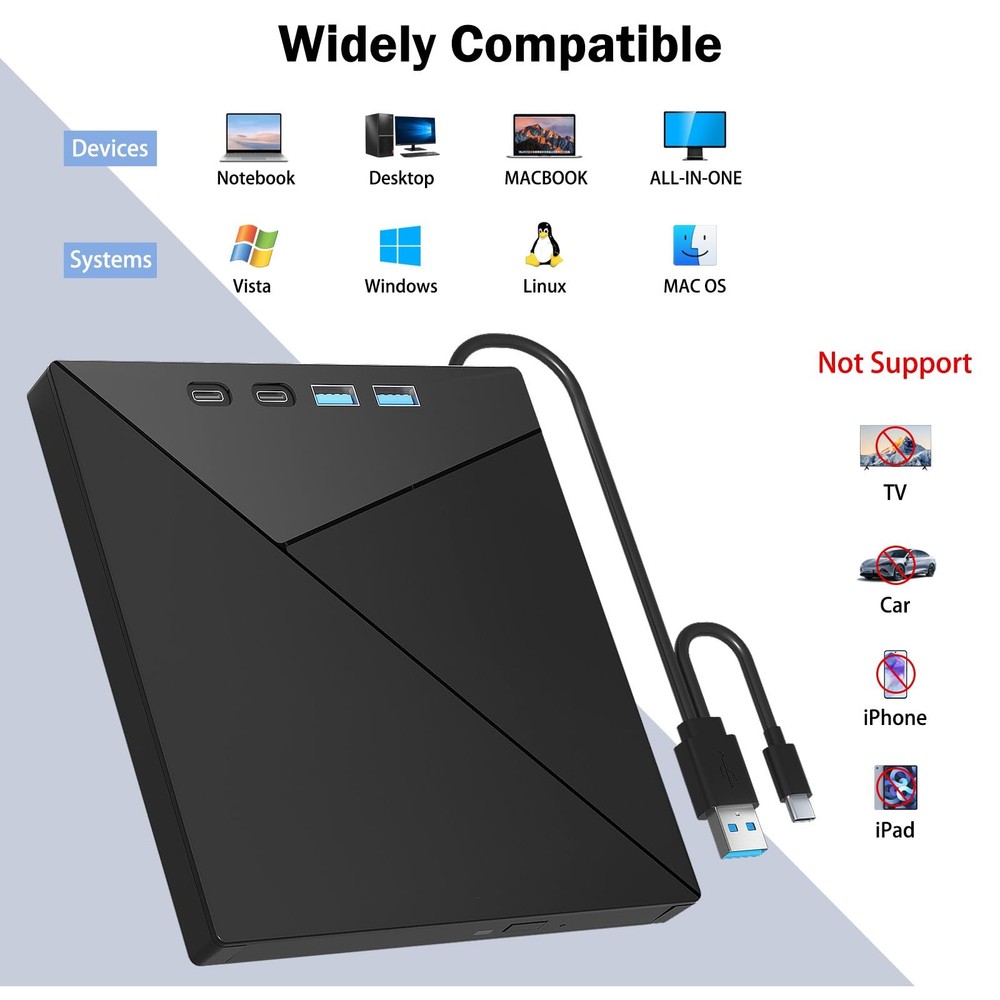 7 IN 1 External Blu Ray Drive, 4k Burner with USB 3.0 Type-C...