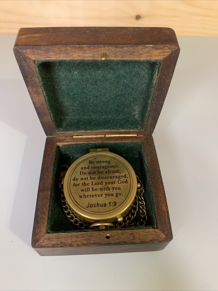 Brass Compass Engraved with Religious Scripture Verse Joshua 1:9 With Wood Box