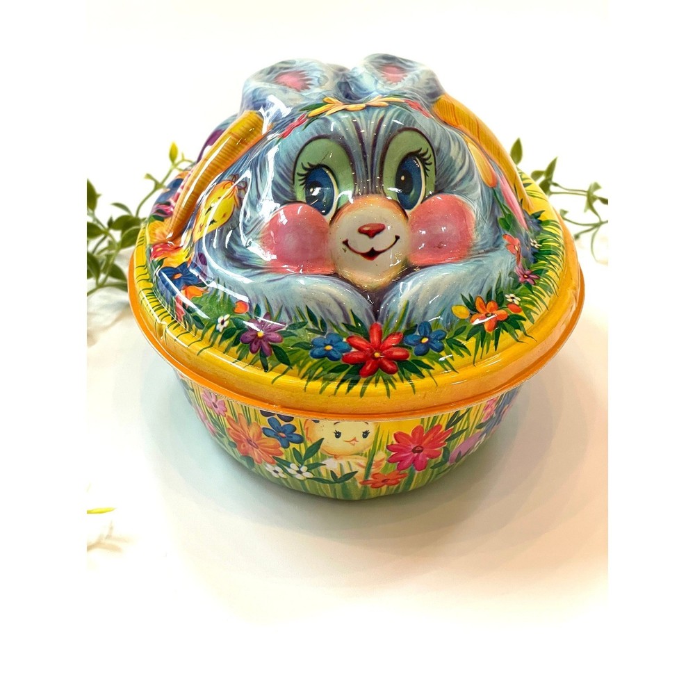 Vintage Kitsch Easter Bunny Basket: Plastic Egg Rabbit Spring Decor