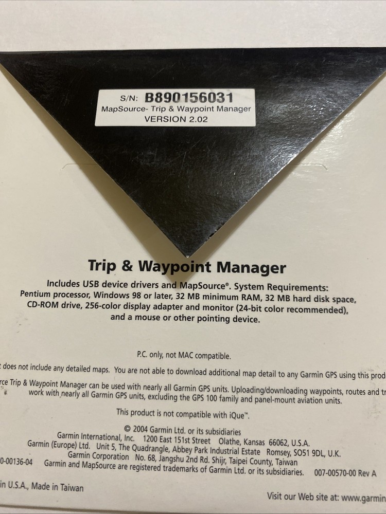 Garmin MapSource Trip & Waypoint Manager CD v2.02 Windows 98 XP GPS Software