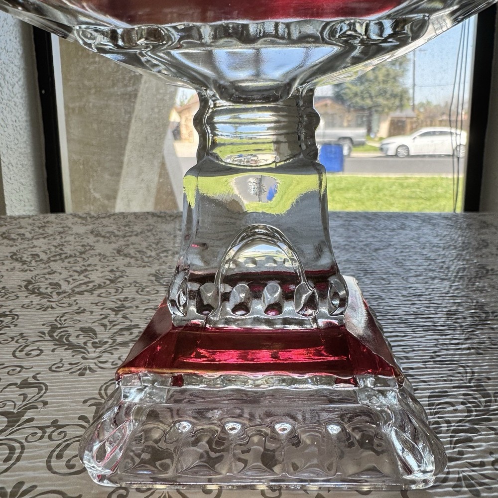 Indiana Glass Ruby Flash Pedestal Compote Square Thumbprint Bowl