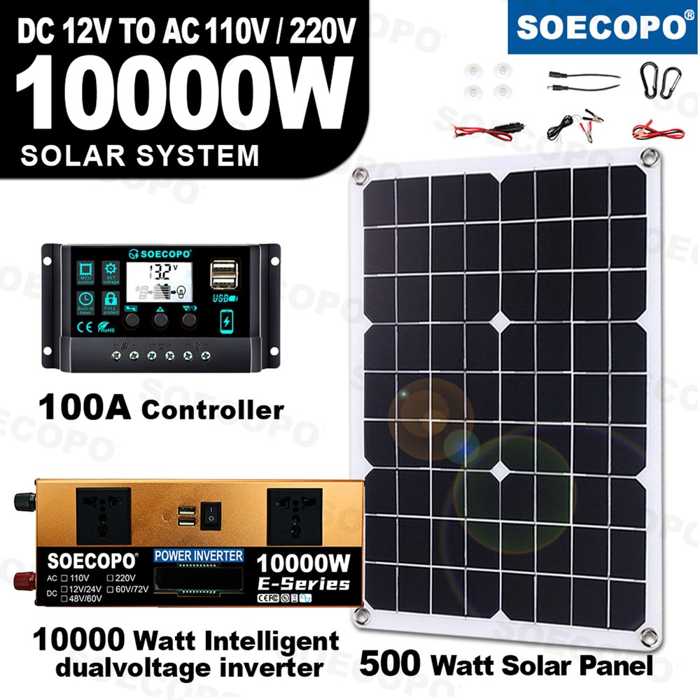 10000W Solar Kit 500W Panel 100A MPPT Controller DC Cable 12V/24V to 220V/110Vpr