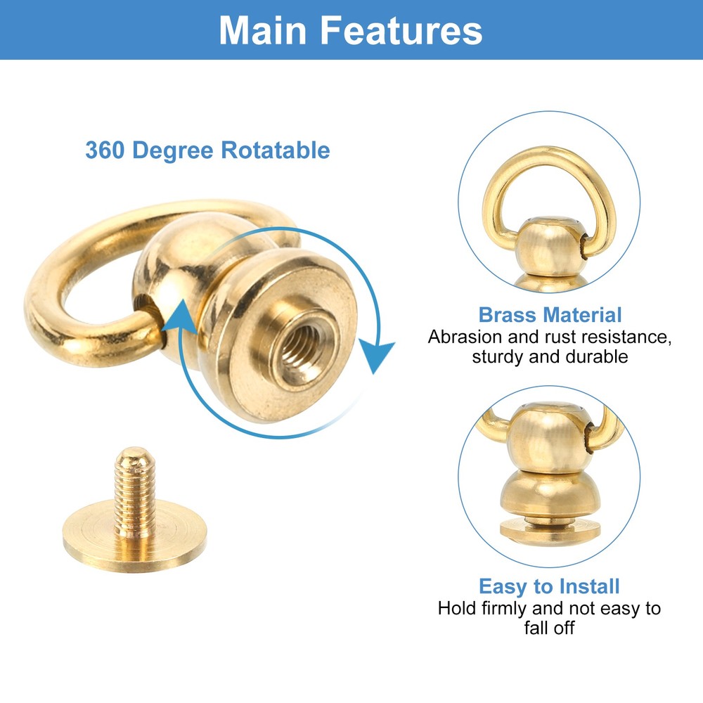 4Pcs 11.5mm Brass Ball Studs Rivets D Ring Button Ball Studs for Purse, Gold
