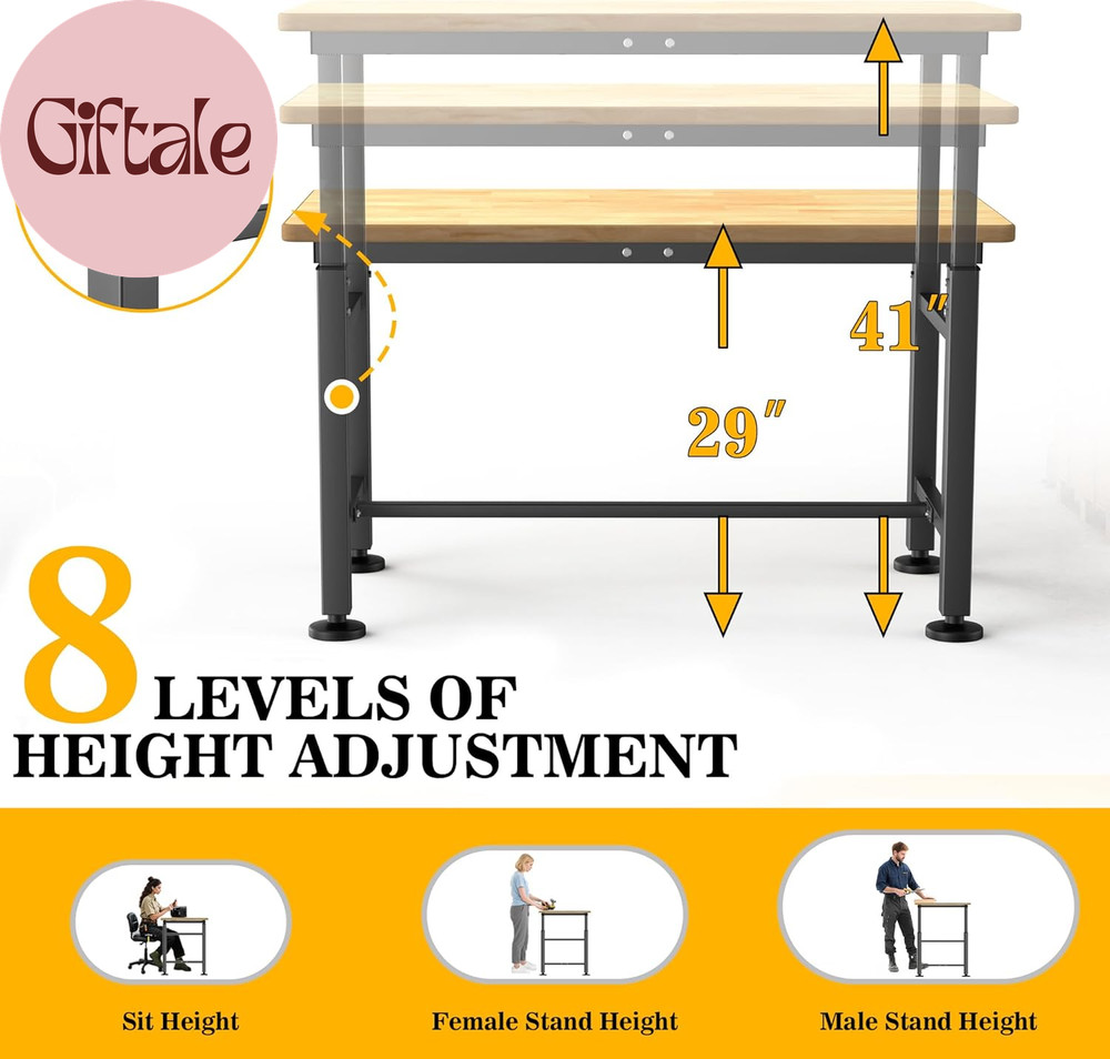 Workbench for Garage, 47.5" Adjustable Height Work Table, Heavy Duty Rubber Wood
